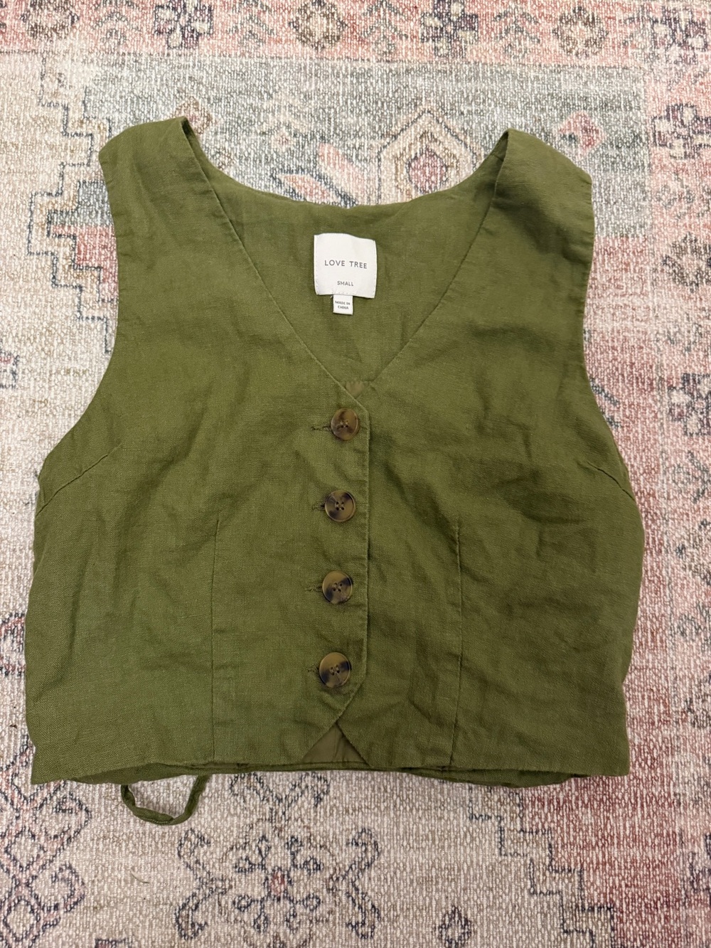 Love Tree Olive Green Button-Front Crop Vest